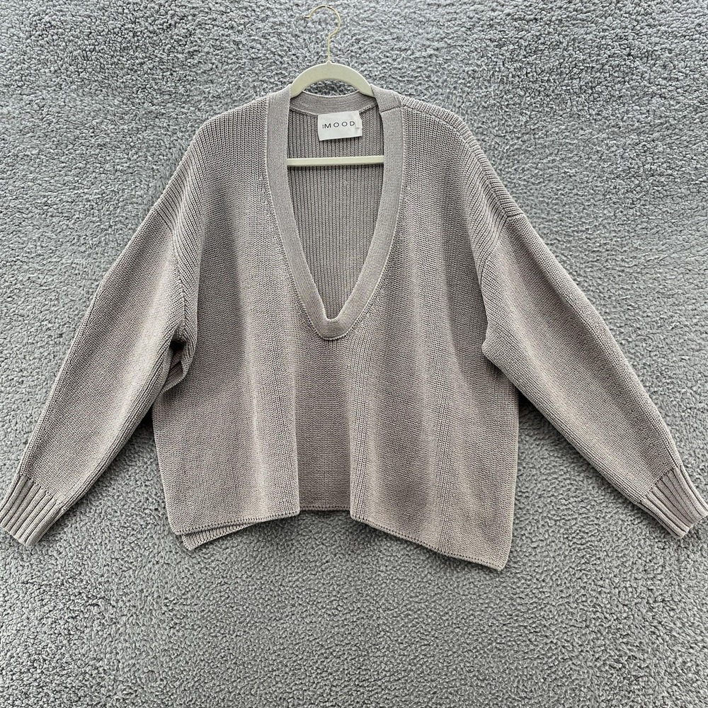 310Mood Sweater Womens Medium Gray Essential U Neck Oversized Side Slit Luxe